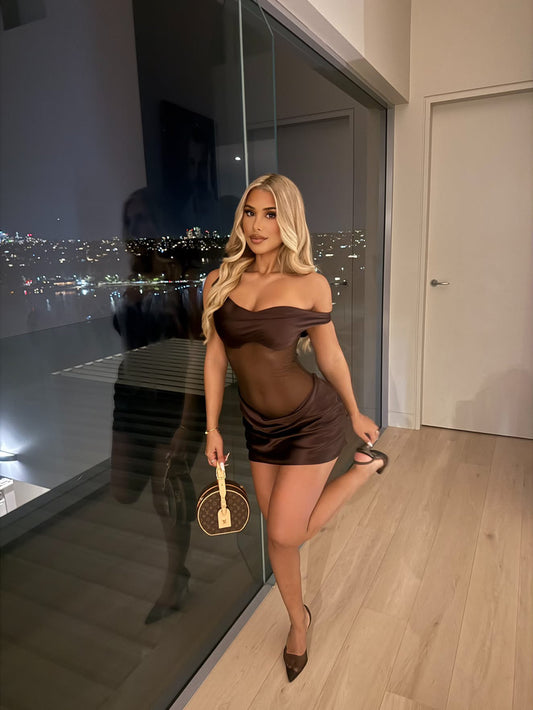 A woman posing in a brown off-the-shoulder mini dress with a sheer mesh front, holding a small gold handbag, standing in a modern room with a large glass window overlooking a city skyline at night.