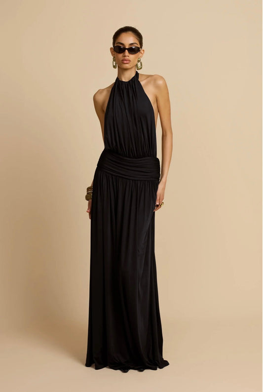 Black halter gown, sunglasses, studio shot