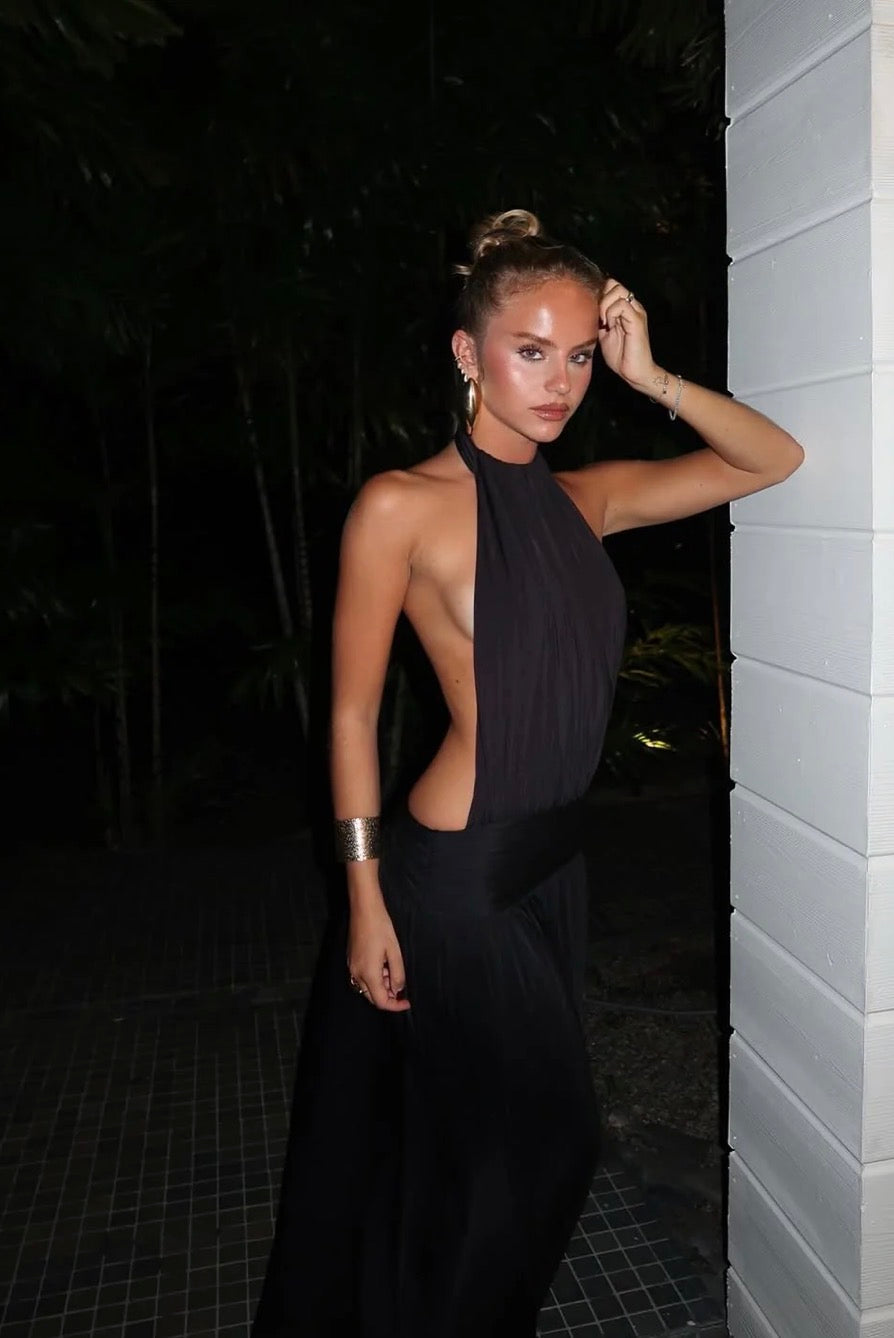 Black halter gown, side cutout, night setting