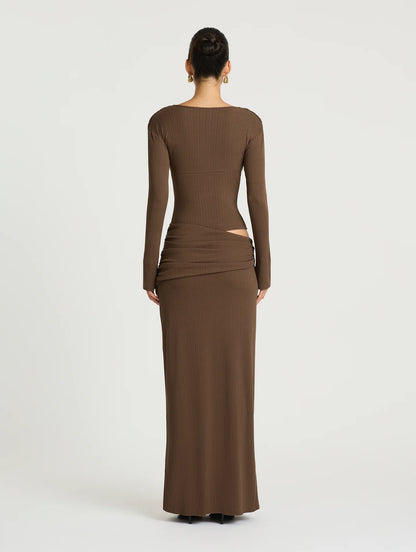 Brown long-sleeve dress with cutout detail on a white background