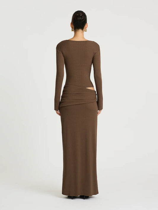 Brown long-sleeve dress with cutout detail on a white background