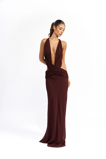 Burgundy halter gown, open back detail