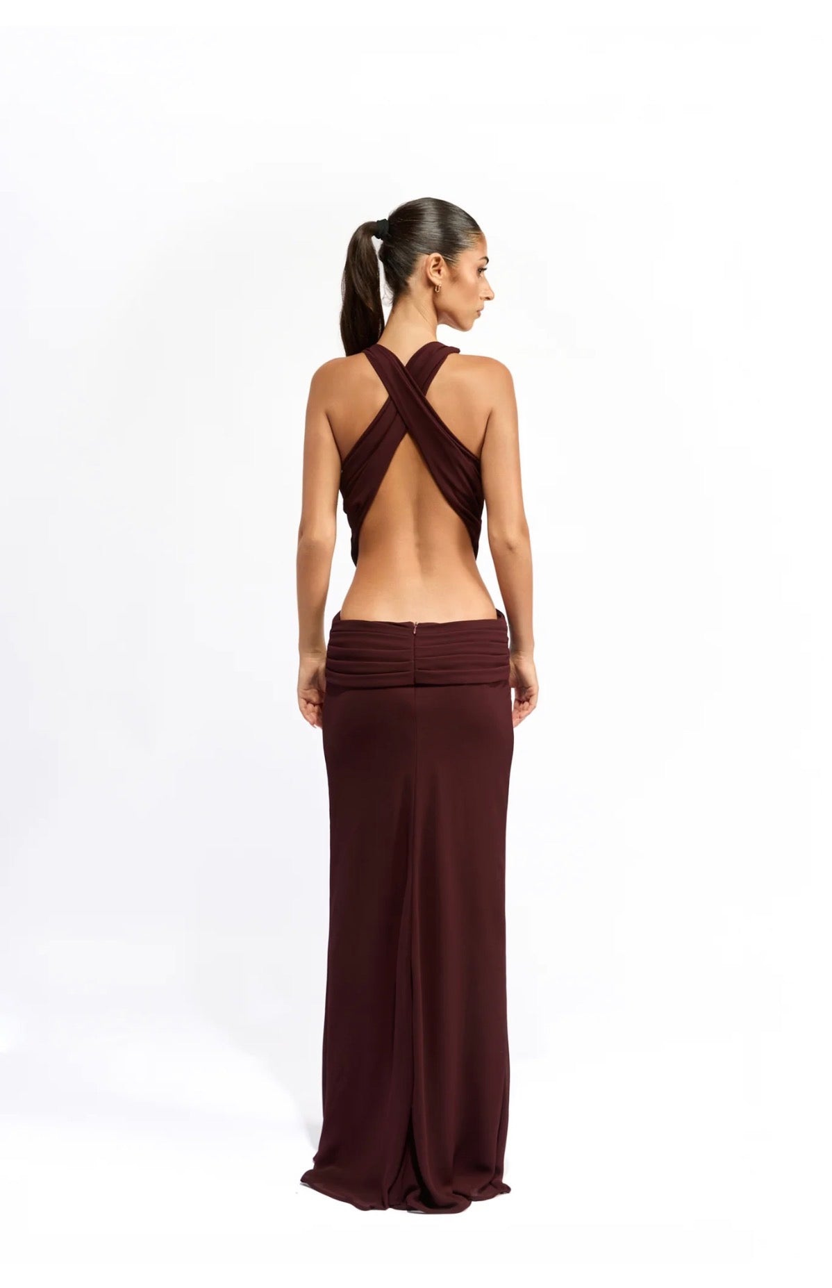 Burgundy gown, criss-cross open back view