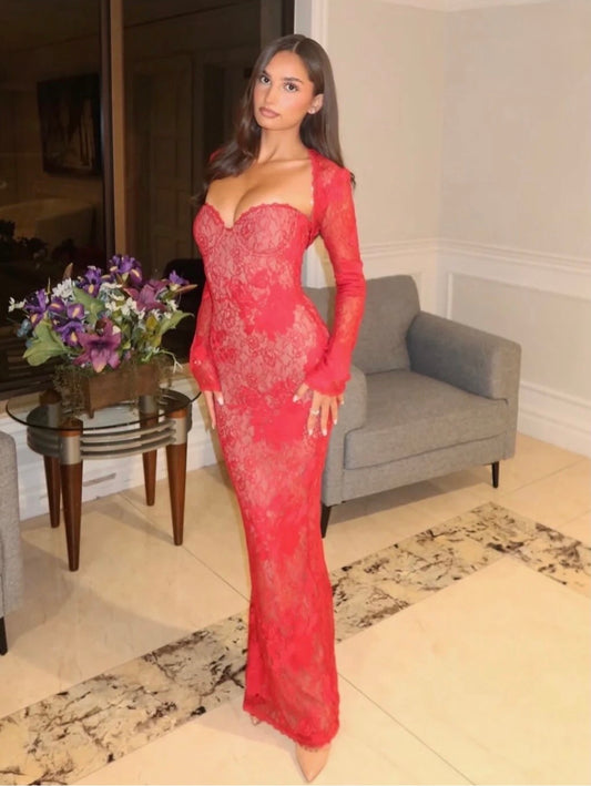 Red lace gown, sweetheart neckline, indoor pose