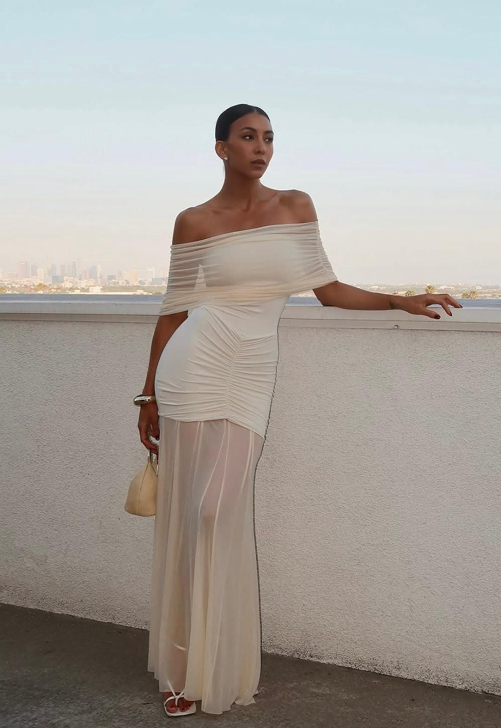 Cream off-shoulder maxi dress