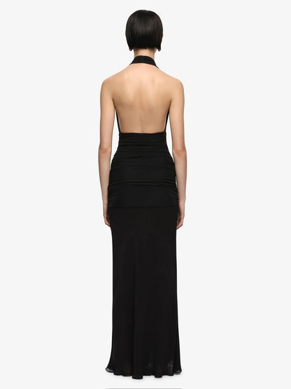 Black halter neck gown on a white background